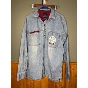 Vintage Bugle Boy Jean Shirt/Jacket Men's med Blue Denim Elbow Patch Button Down